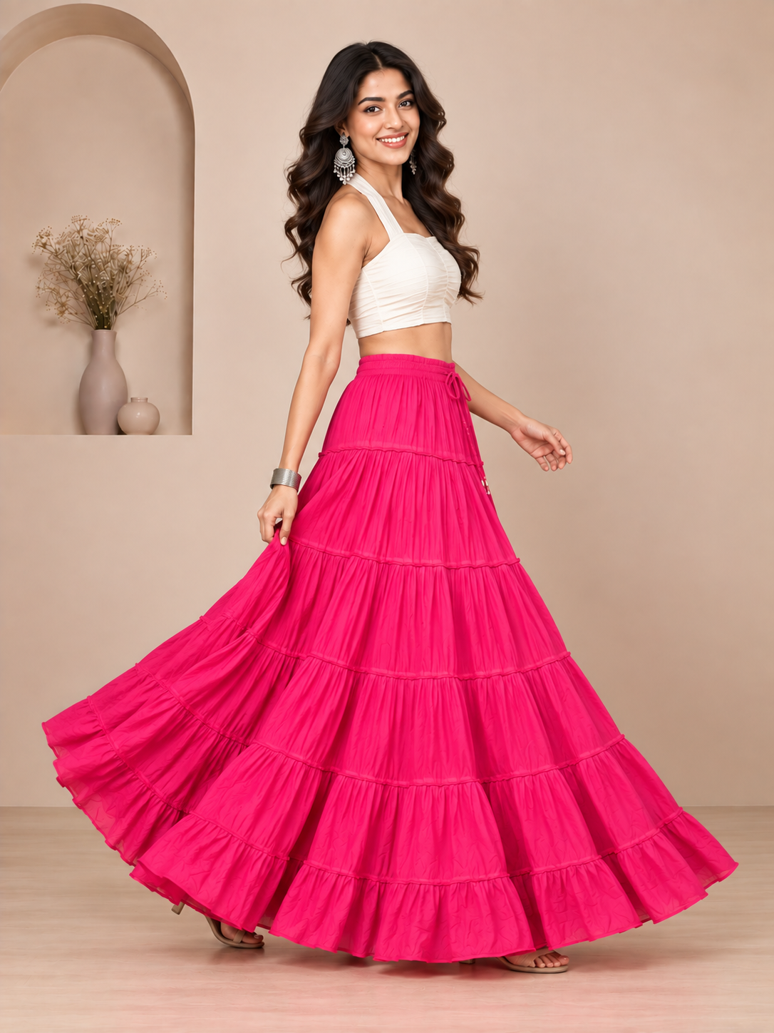Pink Cotton Solid Flared Skirt
