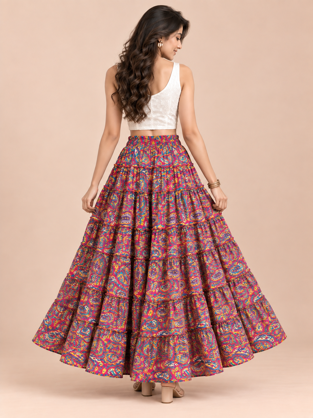 Pink Kalamkari Print Cotton Skirt