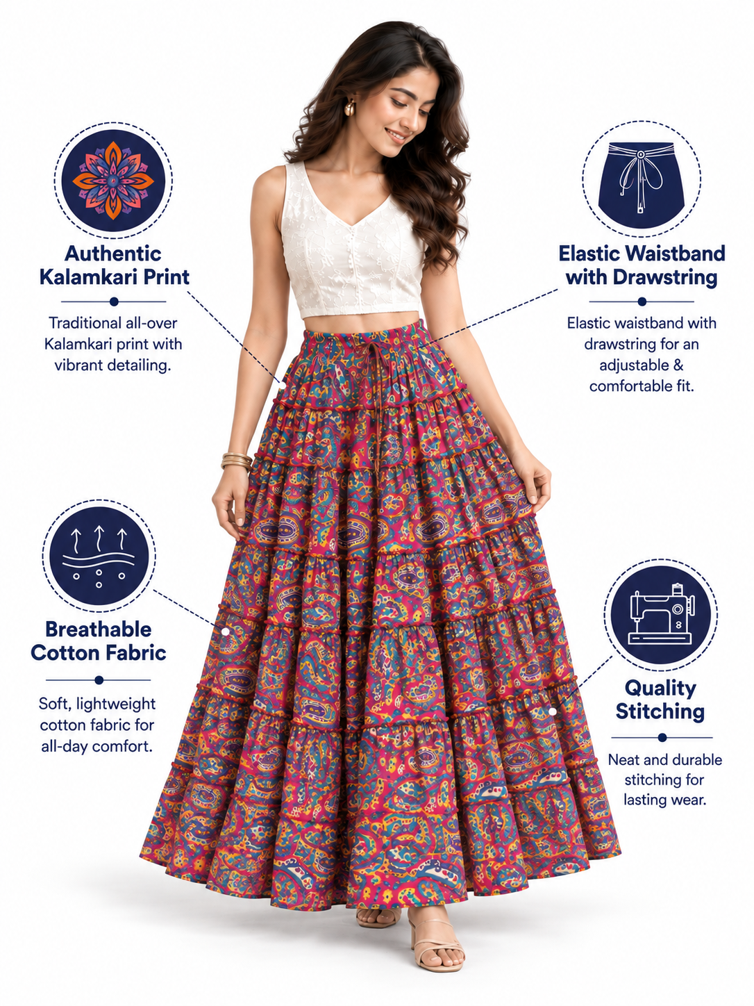 Pink Kalamkari Print Cotton Skirt