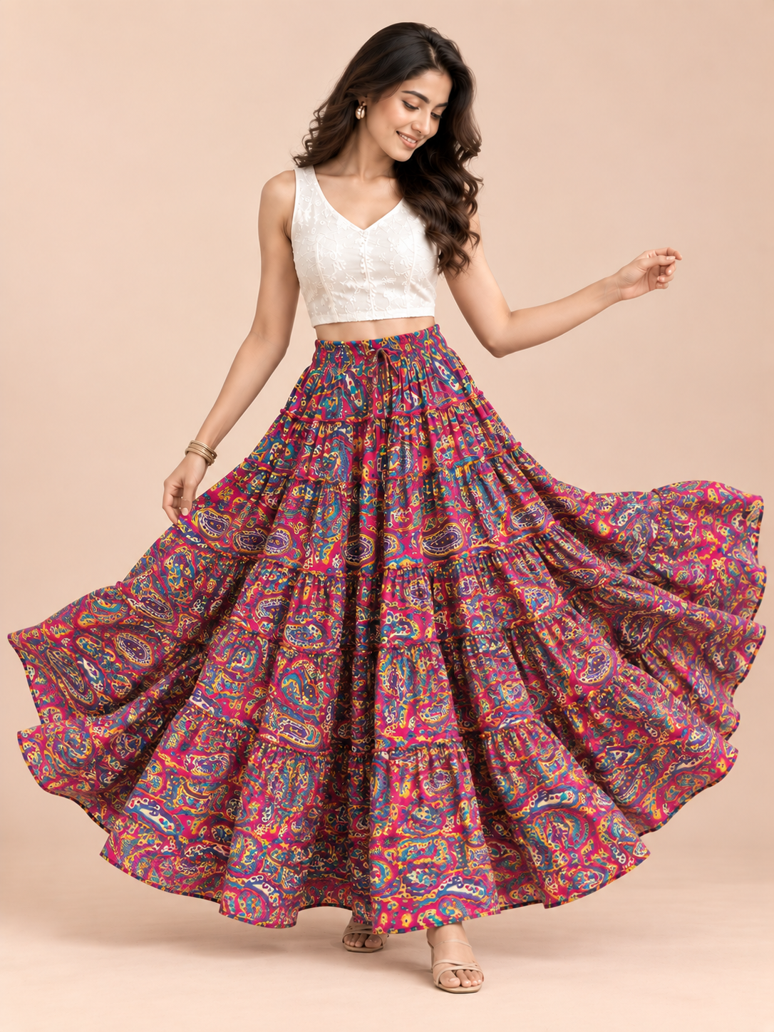 Pink Kalamkari Print Cotton Skirt