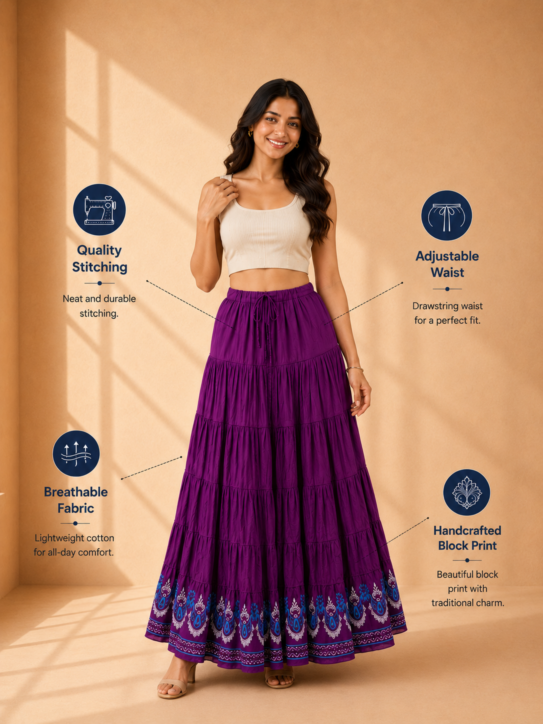 Purple Block Print 20Mtr Cotton Skirt