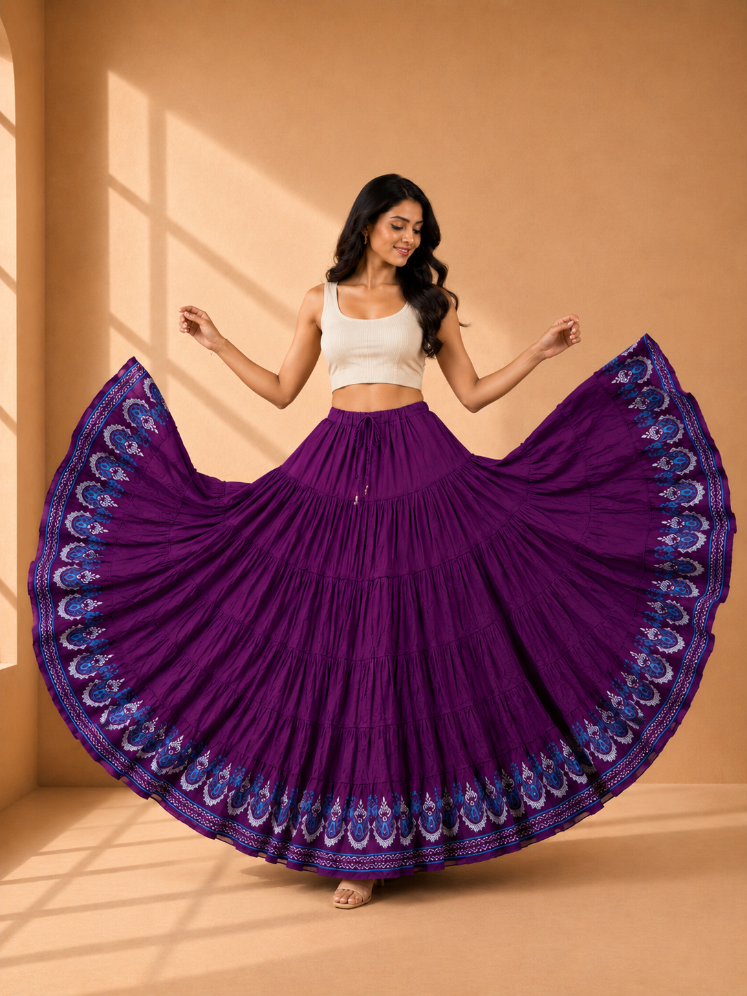 Purple Block Print 20Mtr Cotton Skirt