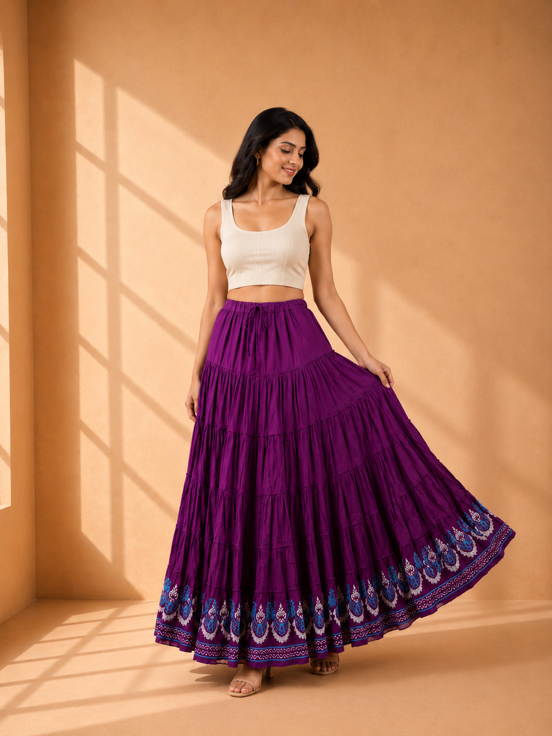 Purple Block Print 20Mtr Cotton Skirt