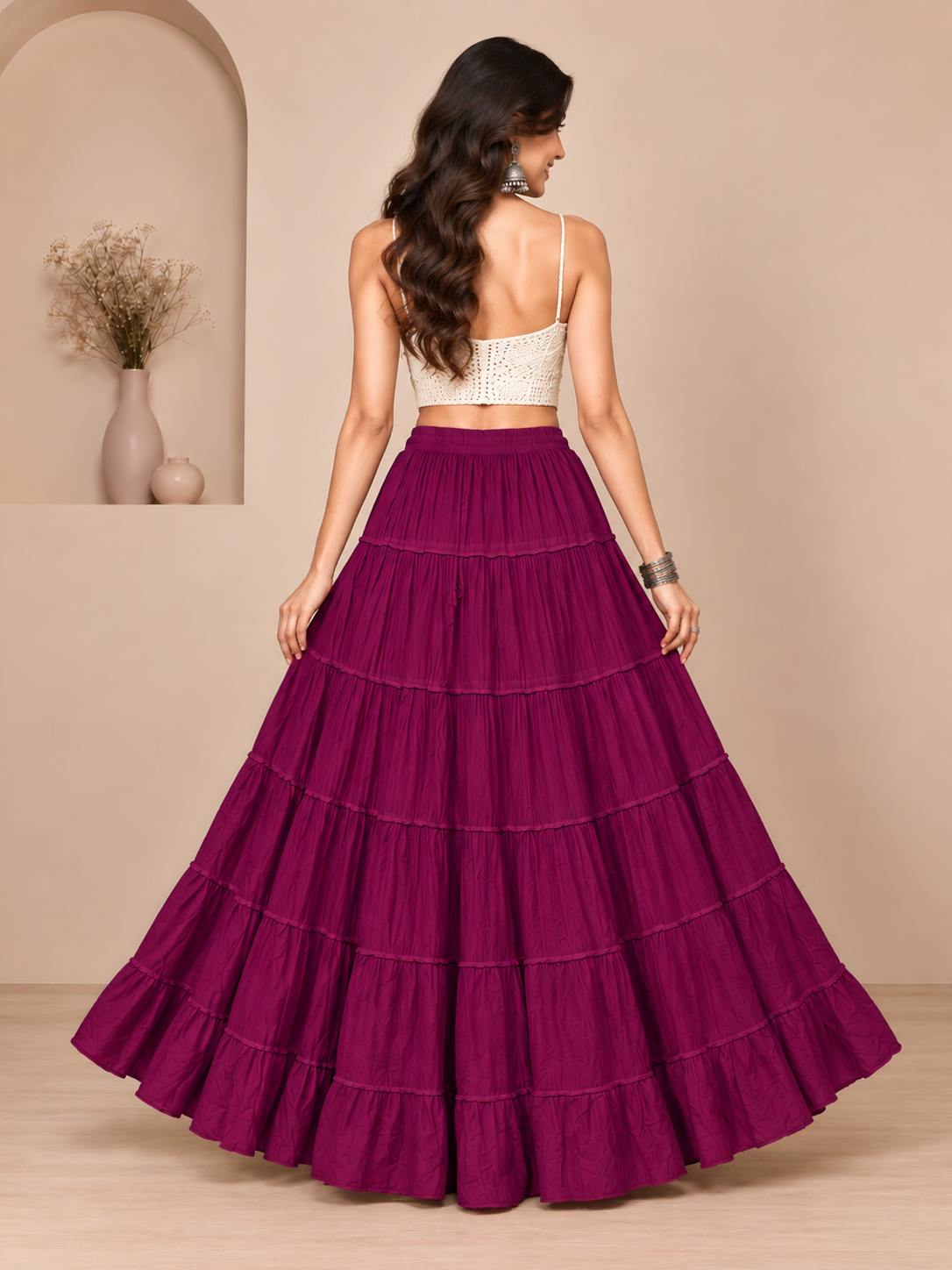 Purple Cotton Solid Flared Skirt