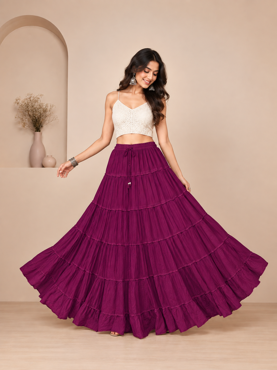 Purple Cotton Solid Flared Skirt