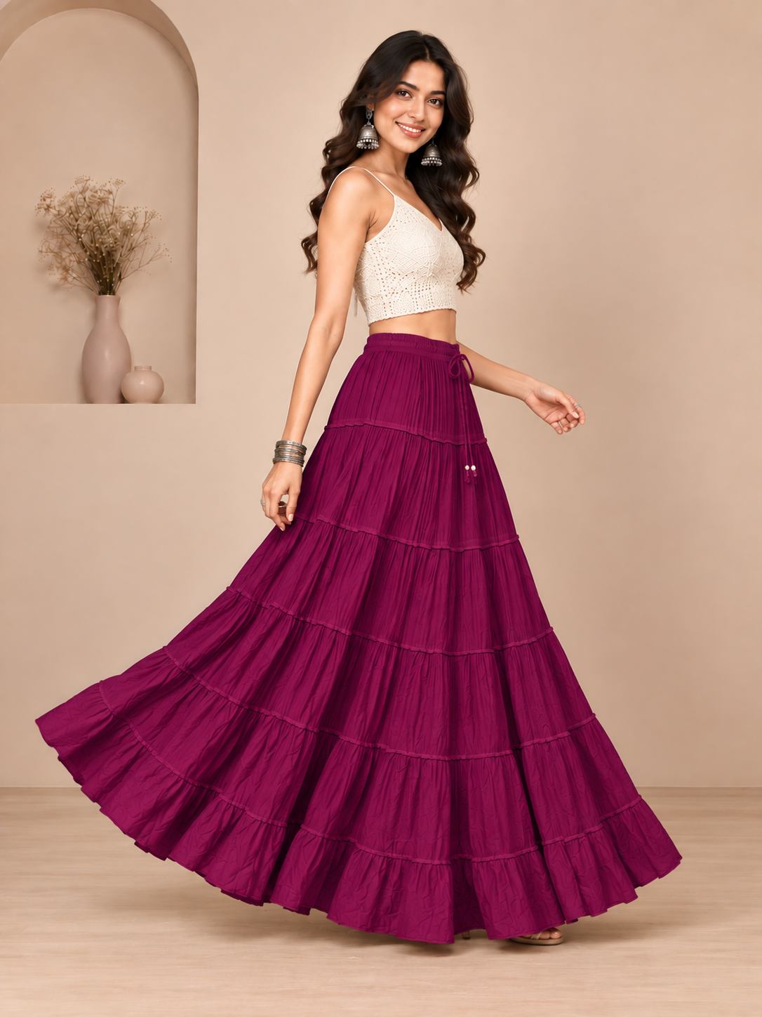 Purple Cotton Solid Flared Skirt