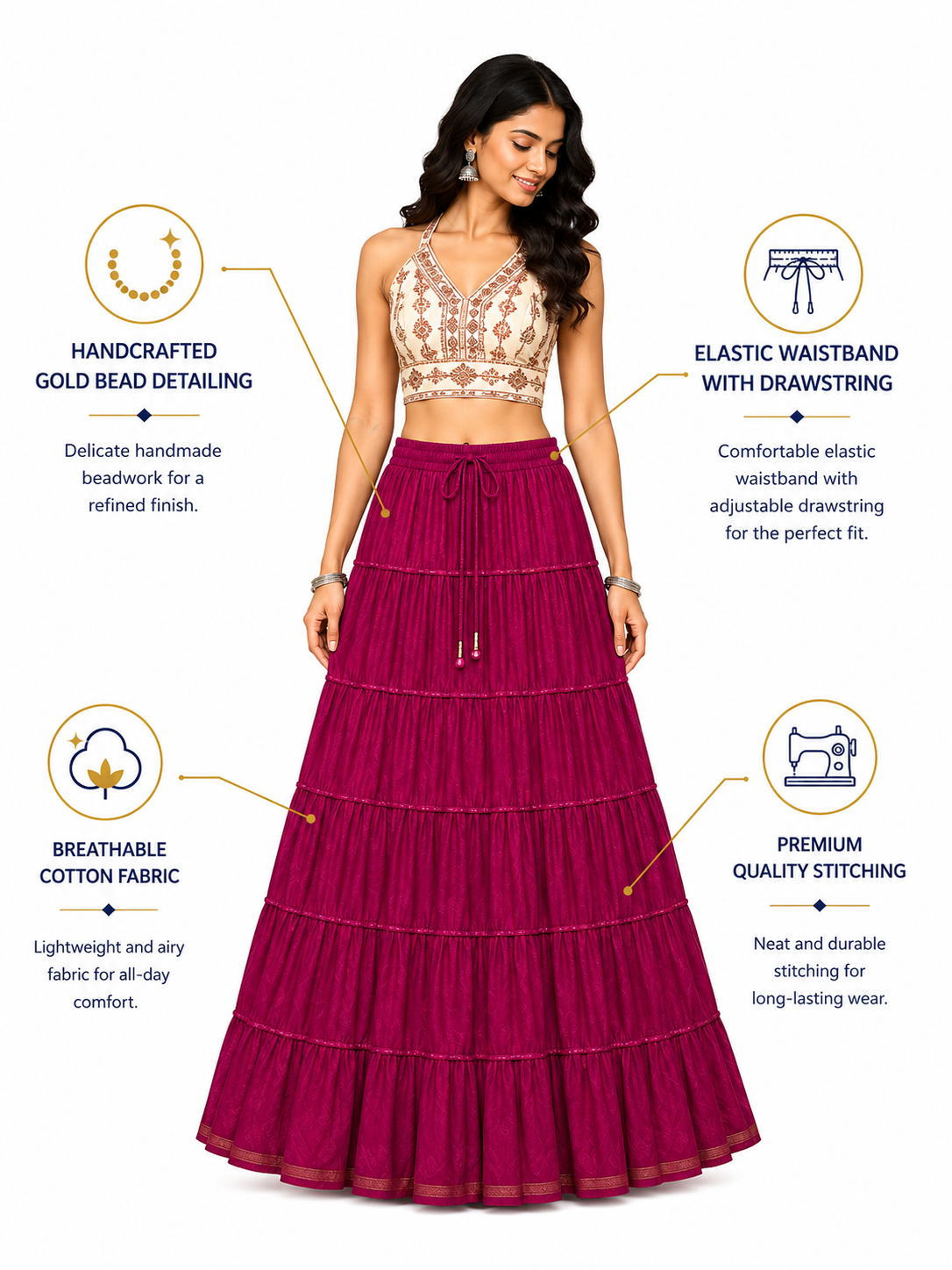 Purple Cotton Gold Beads Skirt