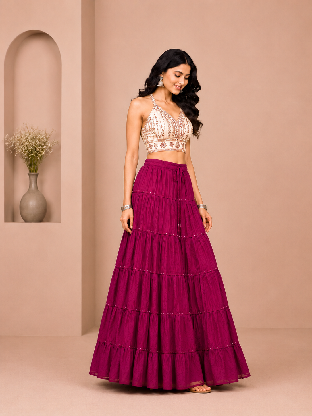 Purple Cotton Gold Beads Skirt
