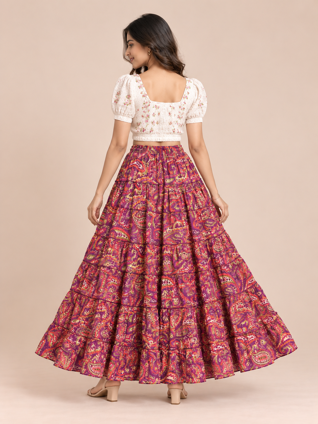 Purple Kalamkari Print Cotton Skirt