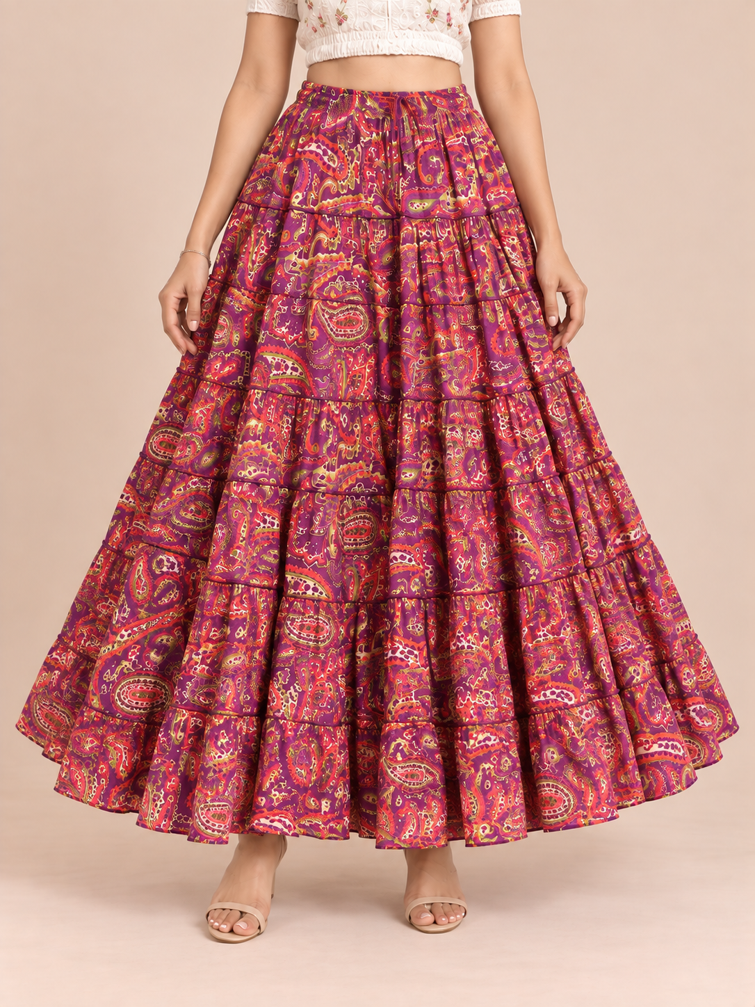 Purple Kalamkari Print Cotton Skirt