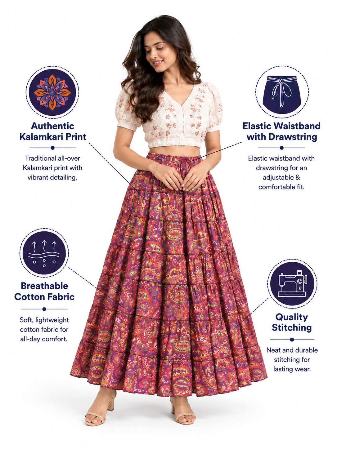 Purple Kalamkari Print Cotton Skirt