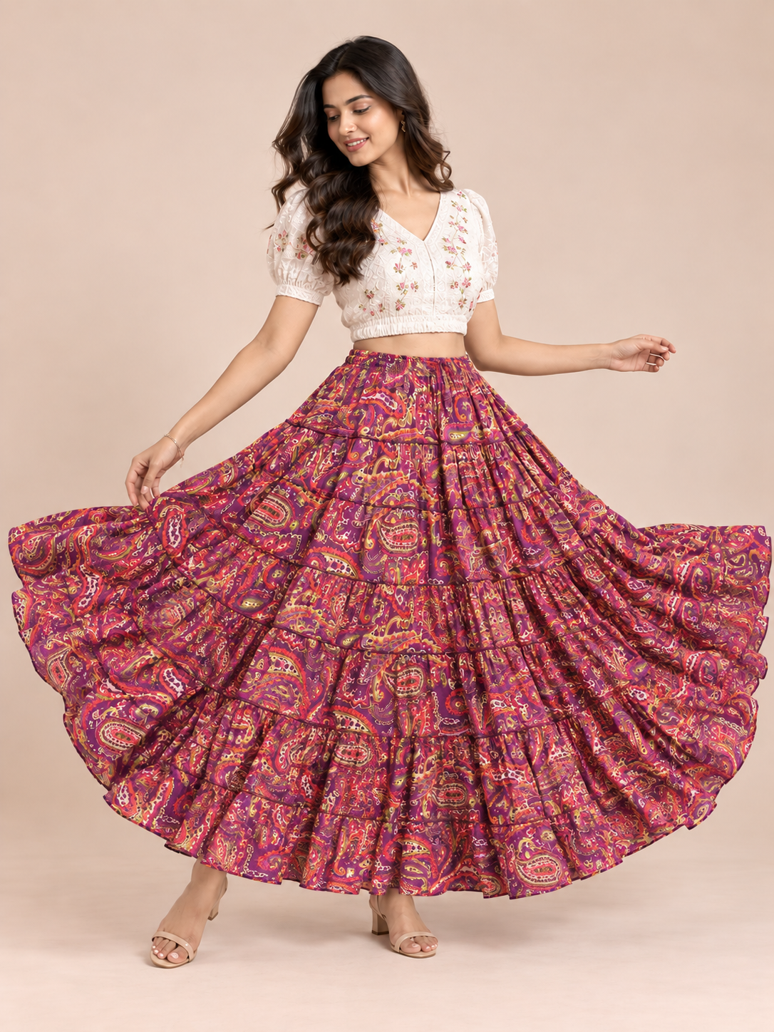 Purple Kalamkari Print Cotton Skirt