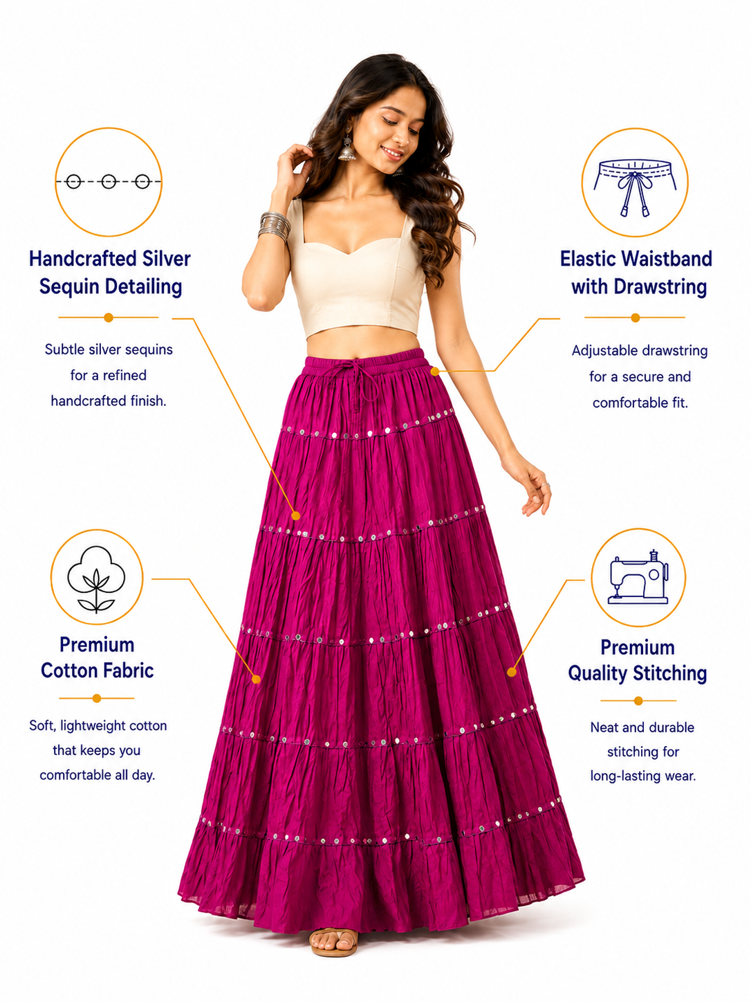 Purple Cotton Solid Silver Sequin 10mtr-1033 Skirt