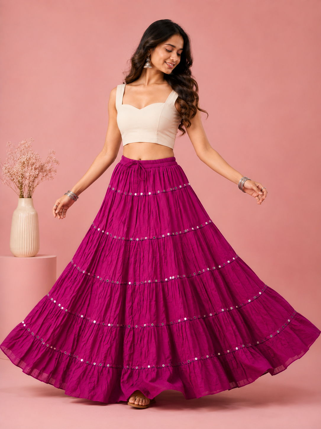 Purple Cotton Solid Silver Sequin 10mtr-1033 Skirt