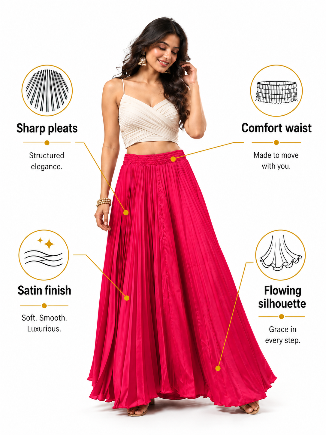 Rani Pink Satin Silk Small Pleated Skirt