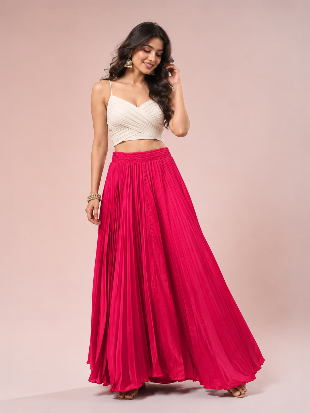 Rani Pink Satin Silk Small Pleated Skirt
