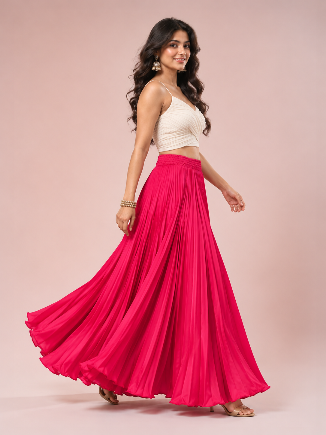 Rani Pink Satin Silk Small Pleated Skirt
