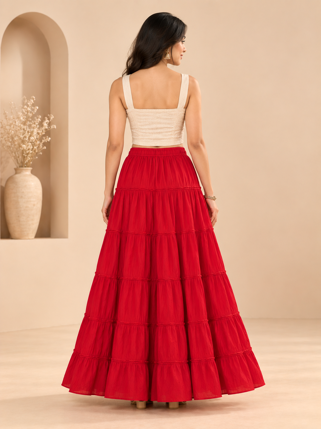 Red Cotton Skirt with Gold Beads