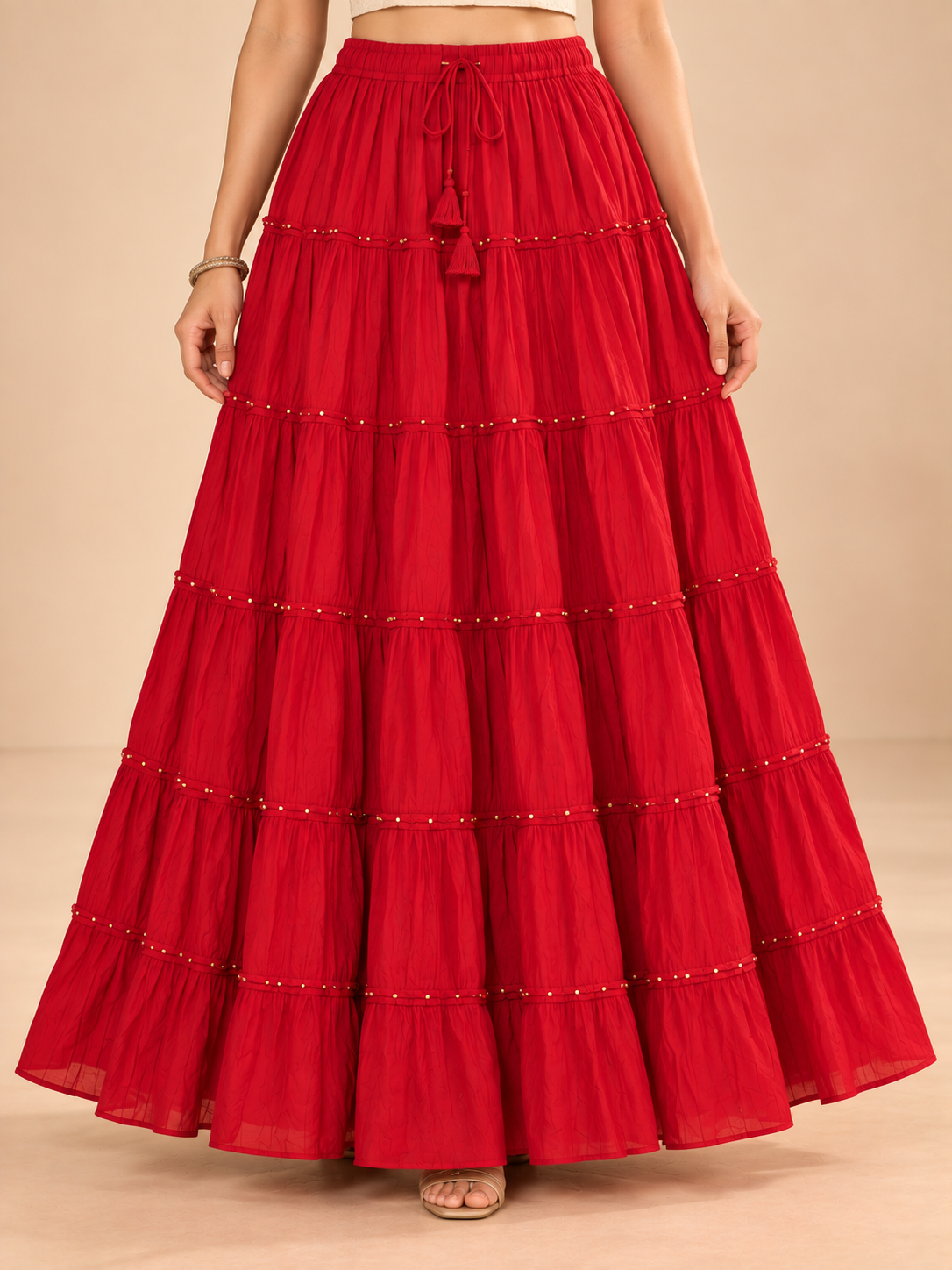 Red Cotton Skirt with Gold Beads