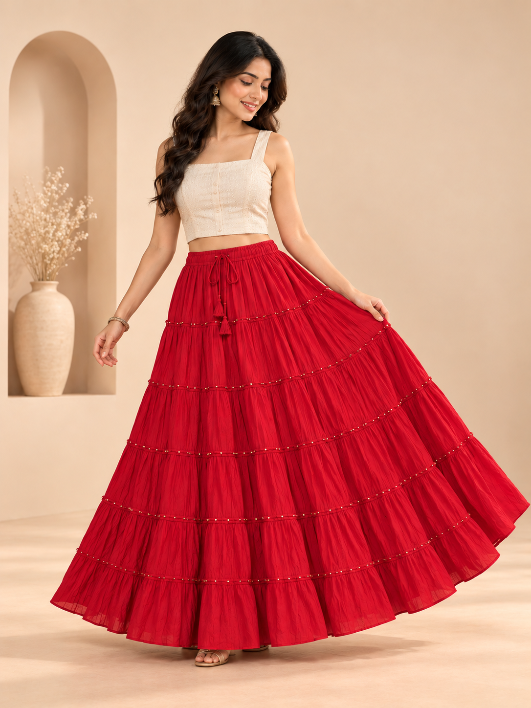 Red Cotton Skirt with Gold Beads