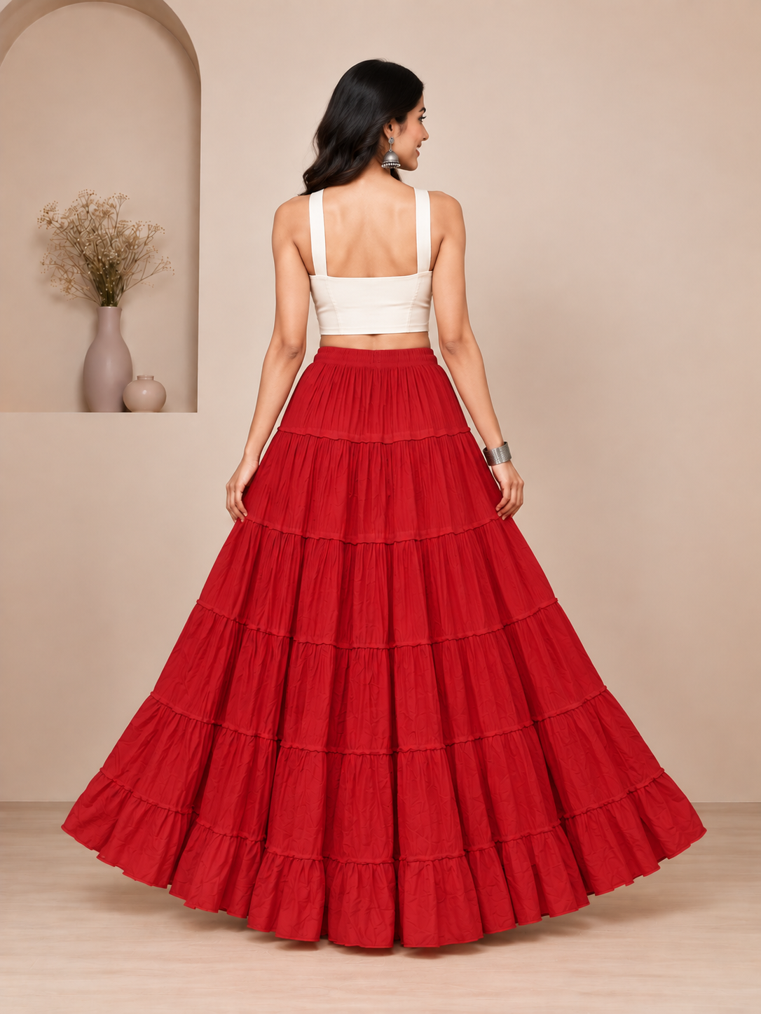 Red Cotton Solid Flared Skirt