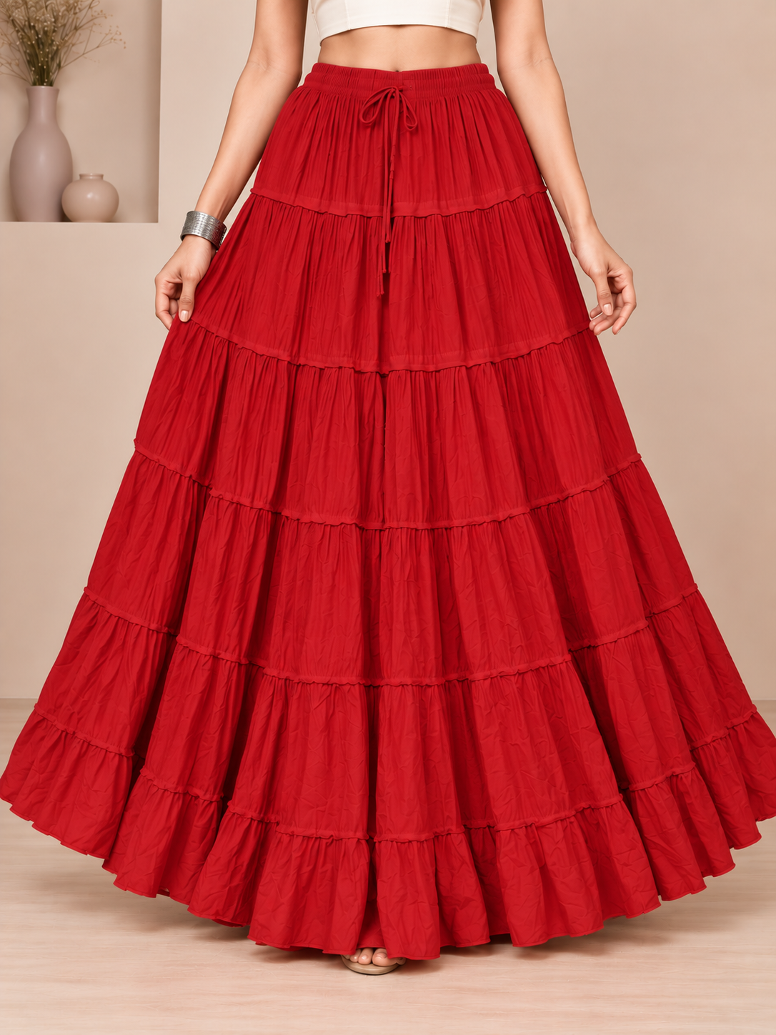 Red Cotton Solid Flared Skirt