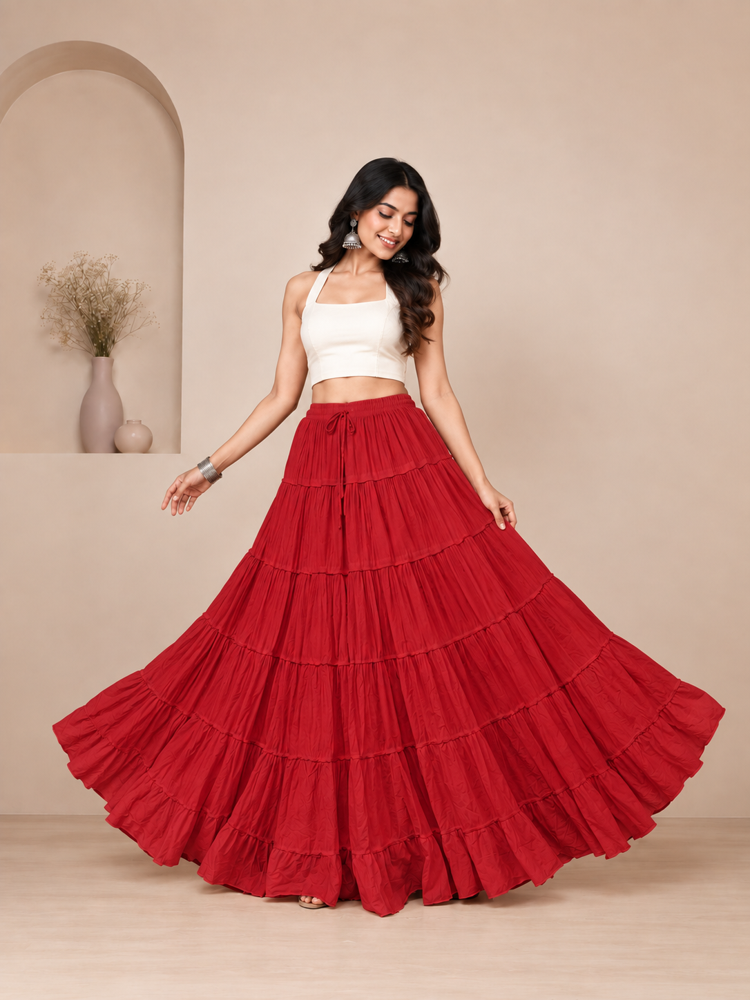 Red Cotton Solid Flared Skirt