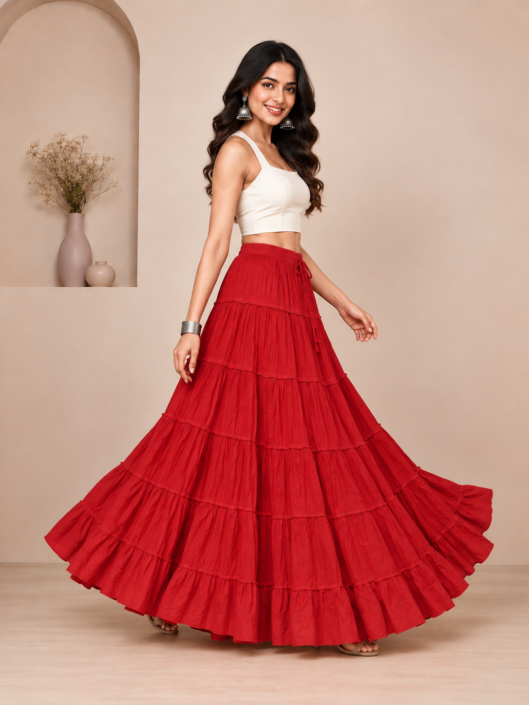 Red Cotton Solid Flared Skirt