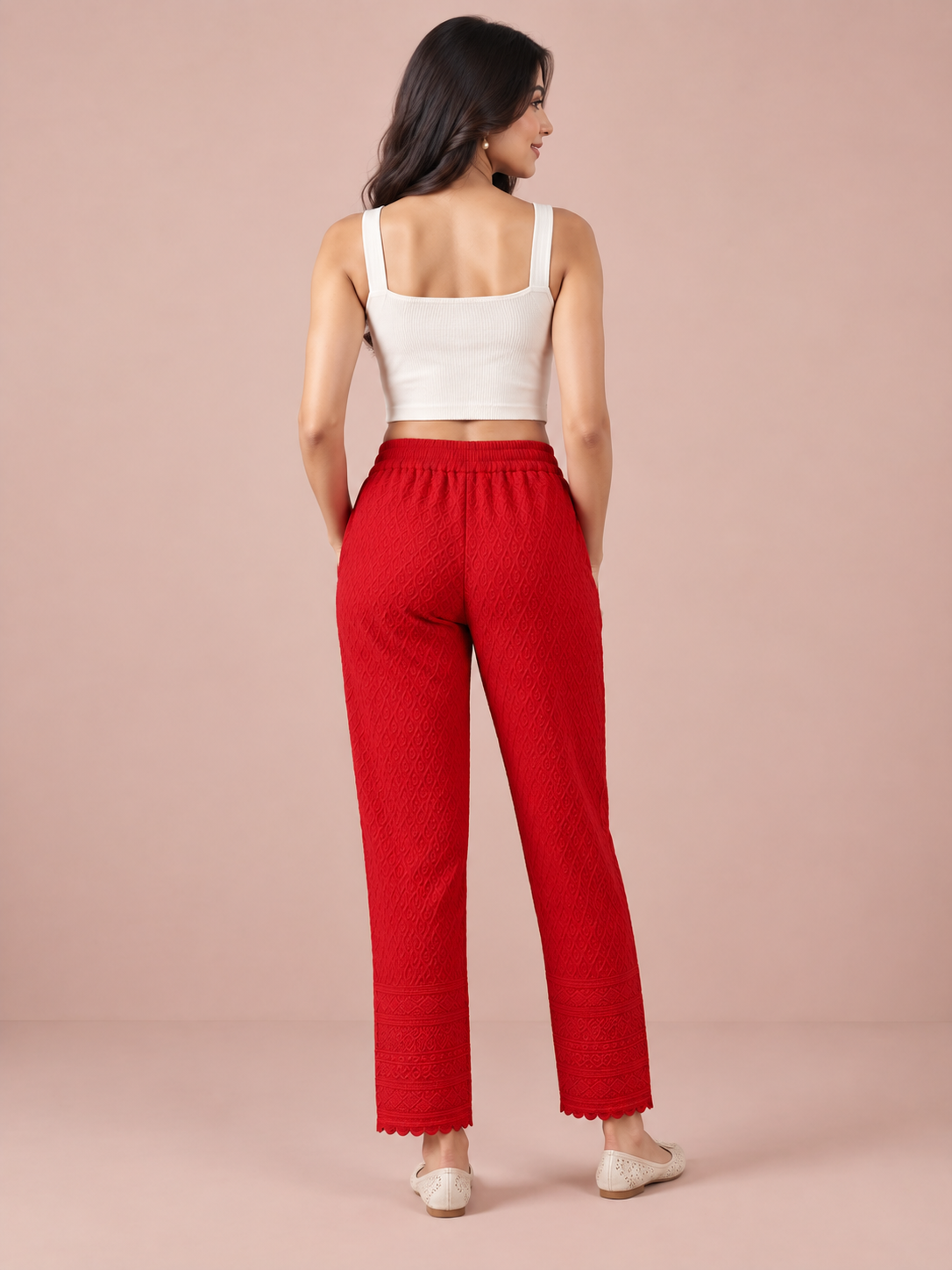 Red Rayon Chikan Pant