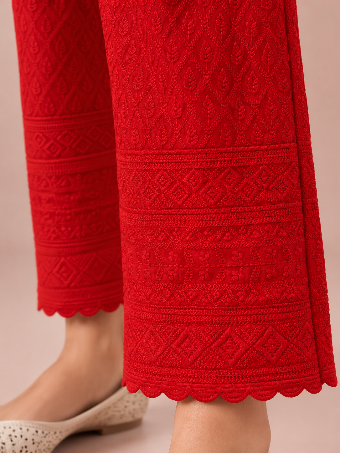 Red Rayon Chikan Pant
