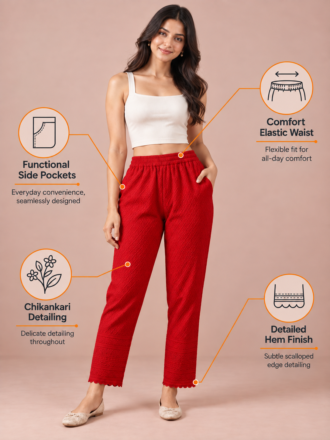 Red Rayon Chikan Pant