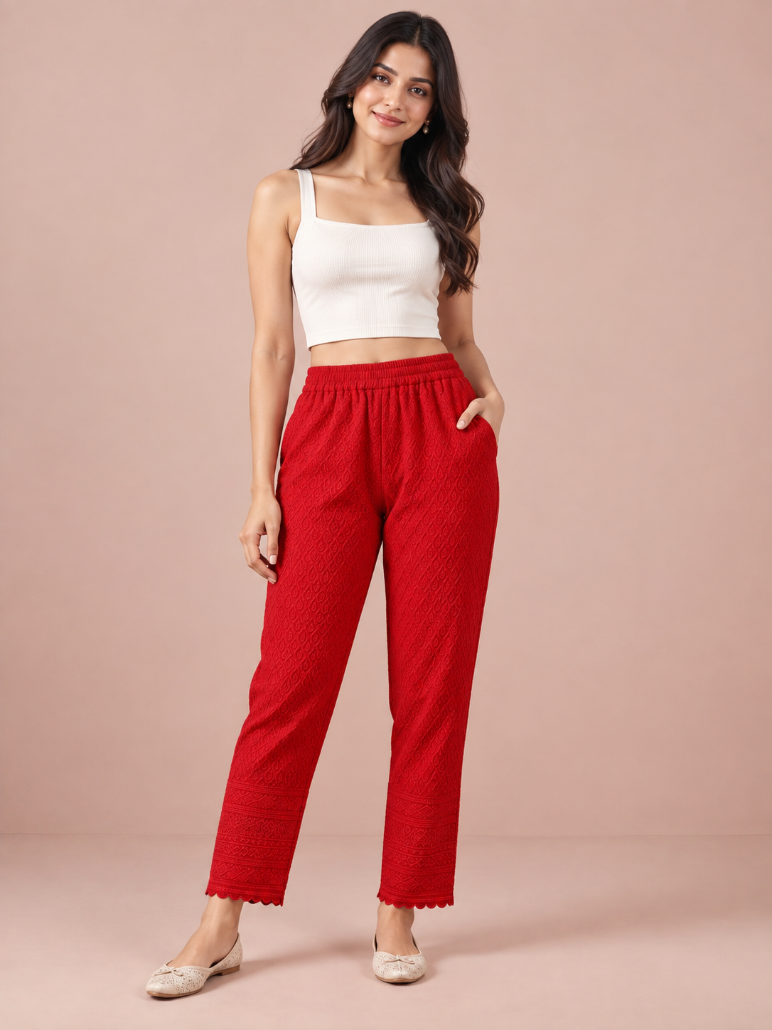 Red Rayon Chikan Pant