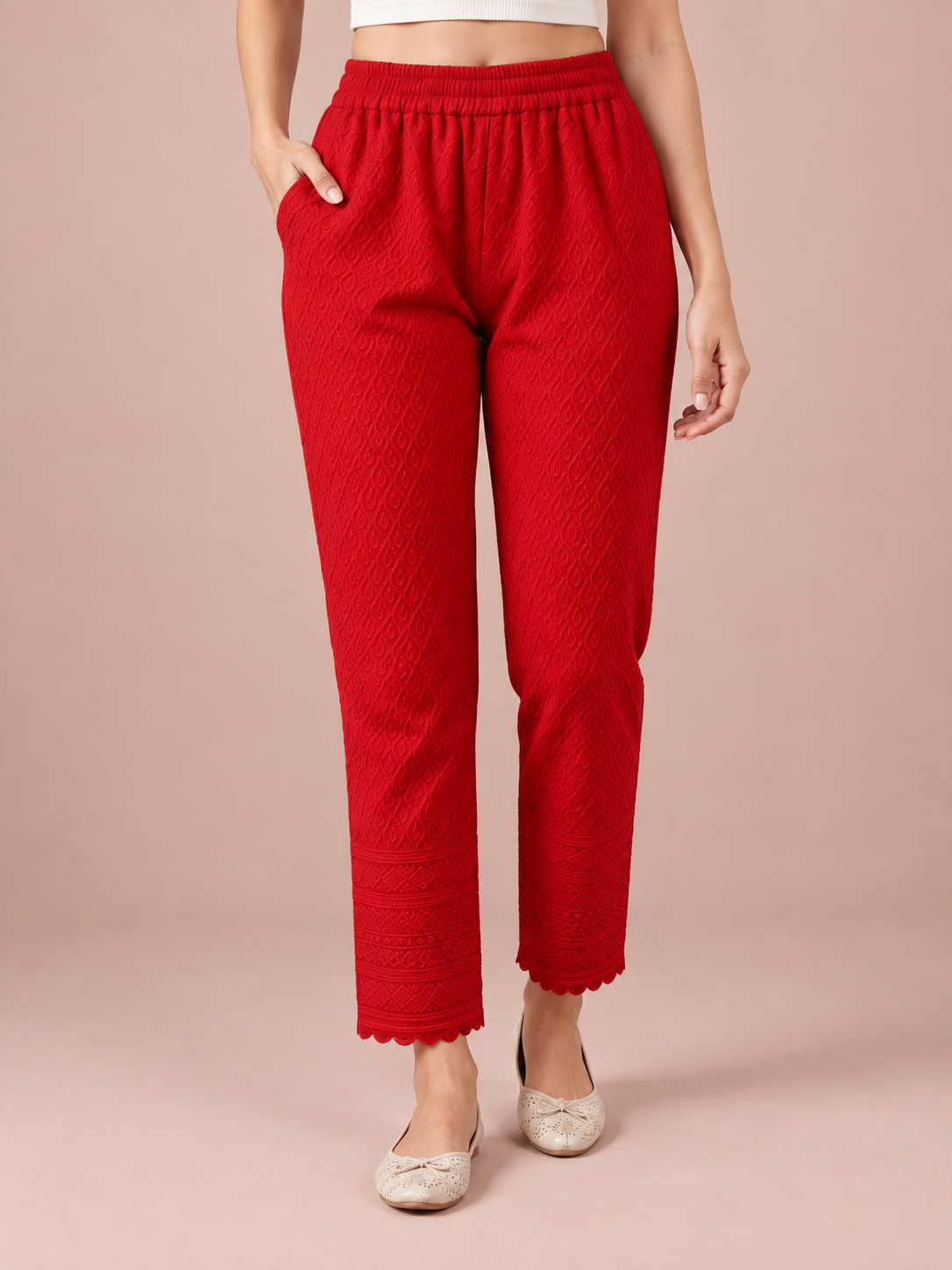Red Rayon Chikan Pant