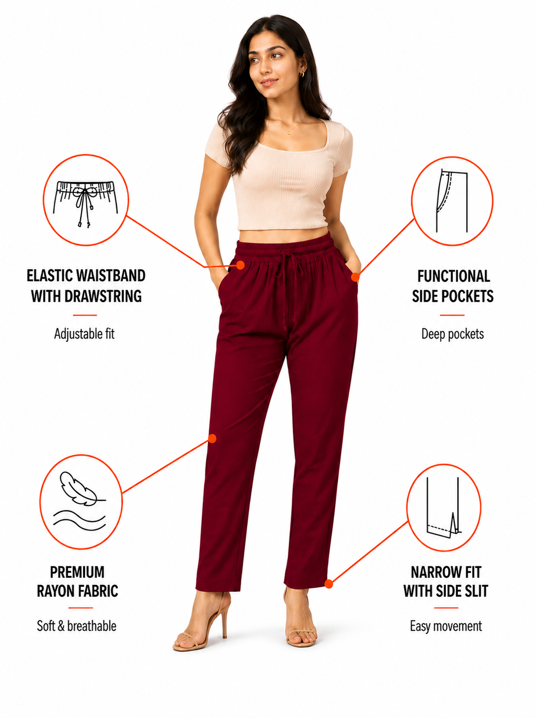 Red Premium Rayon Narrow Fit Palazzo