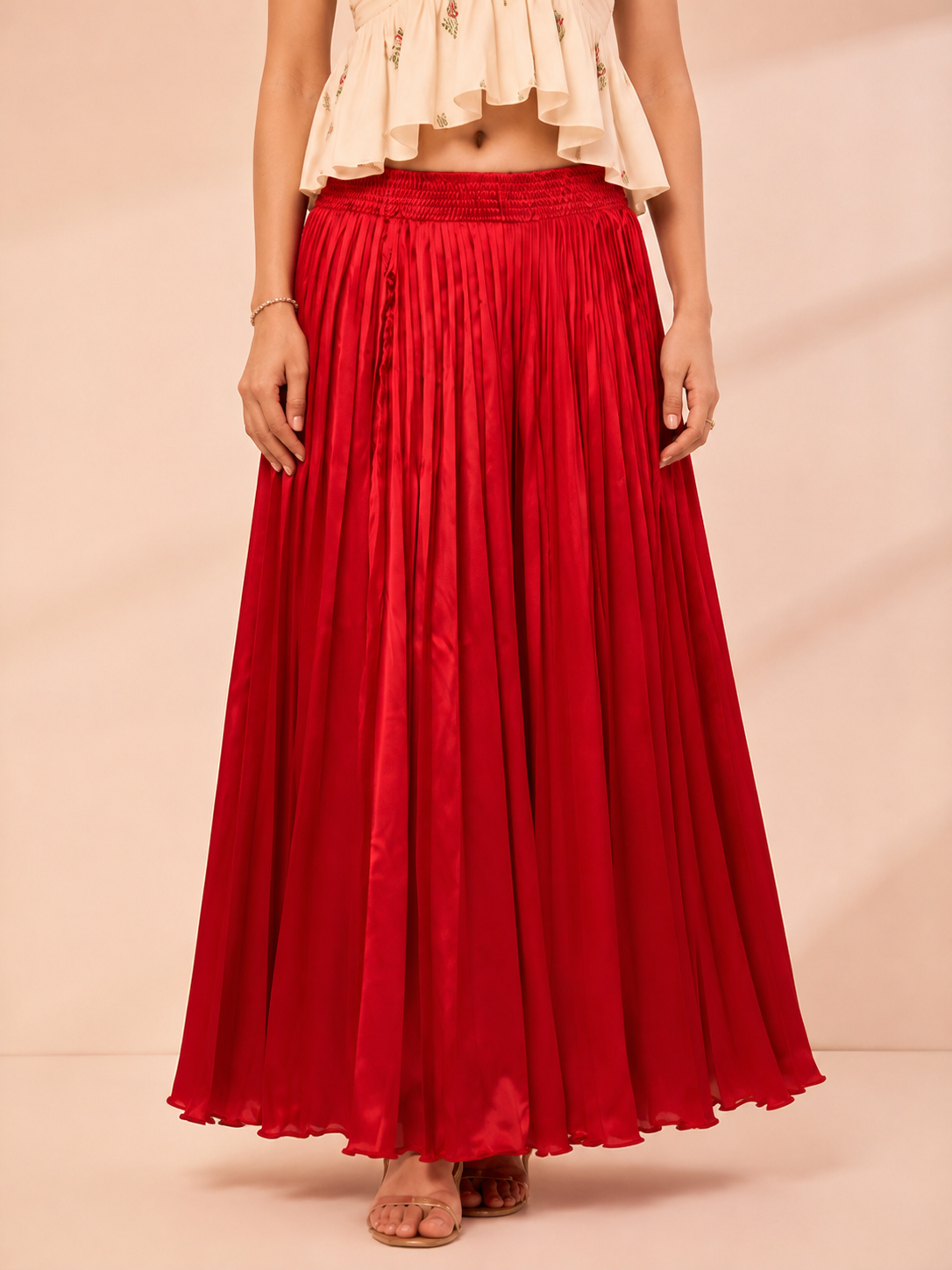 Red Satin Silk Small Pleated Skirt