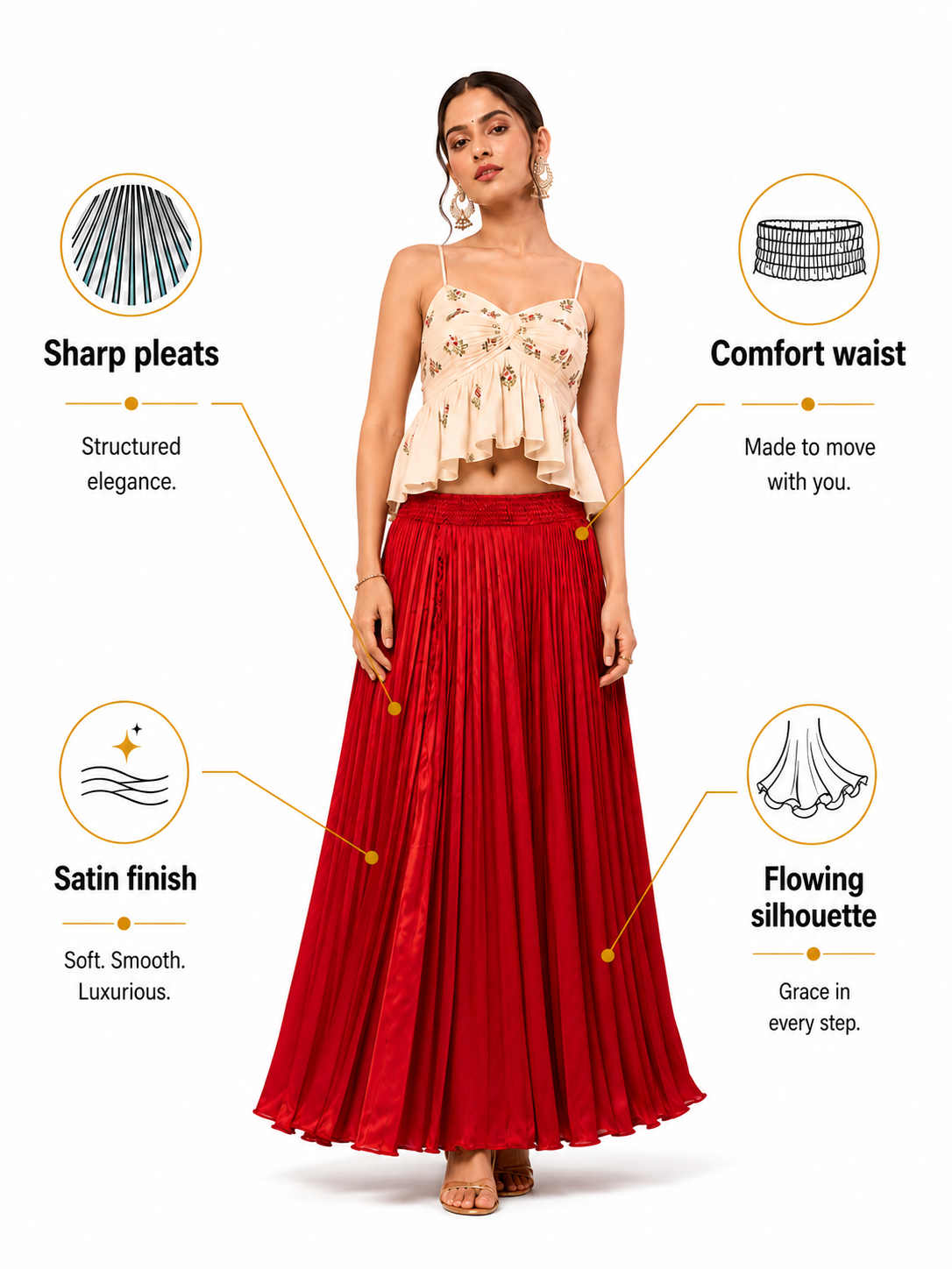 Red Satin Silk Small Pleated Skirt
