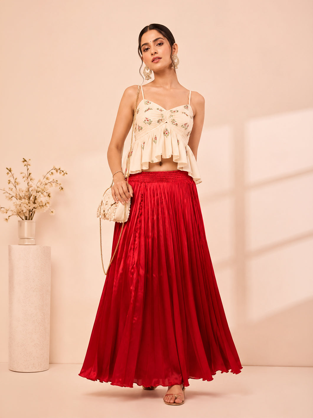 Red Satin Silk Small Pleated Skirt