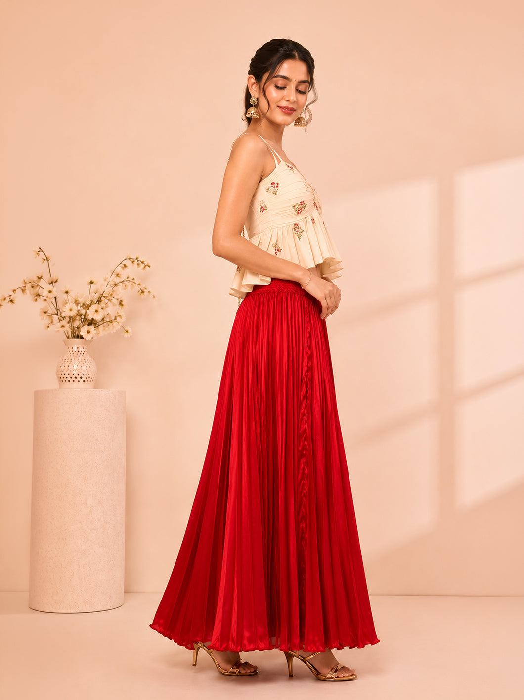 Red Satin Silk Small Pleated Skirt