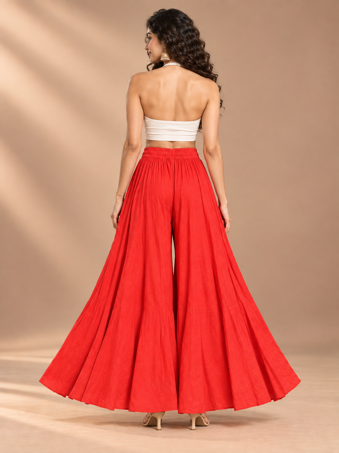 Red Rayon Wide Leg Flared Palazzo