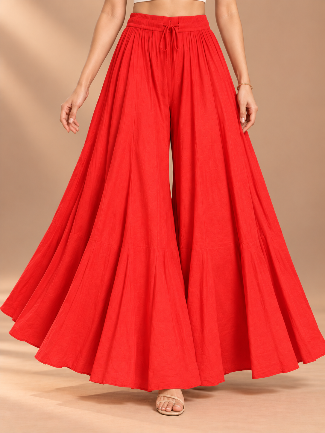 Red Rayon Wide Leg Flared Palazzo