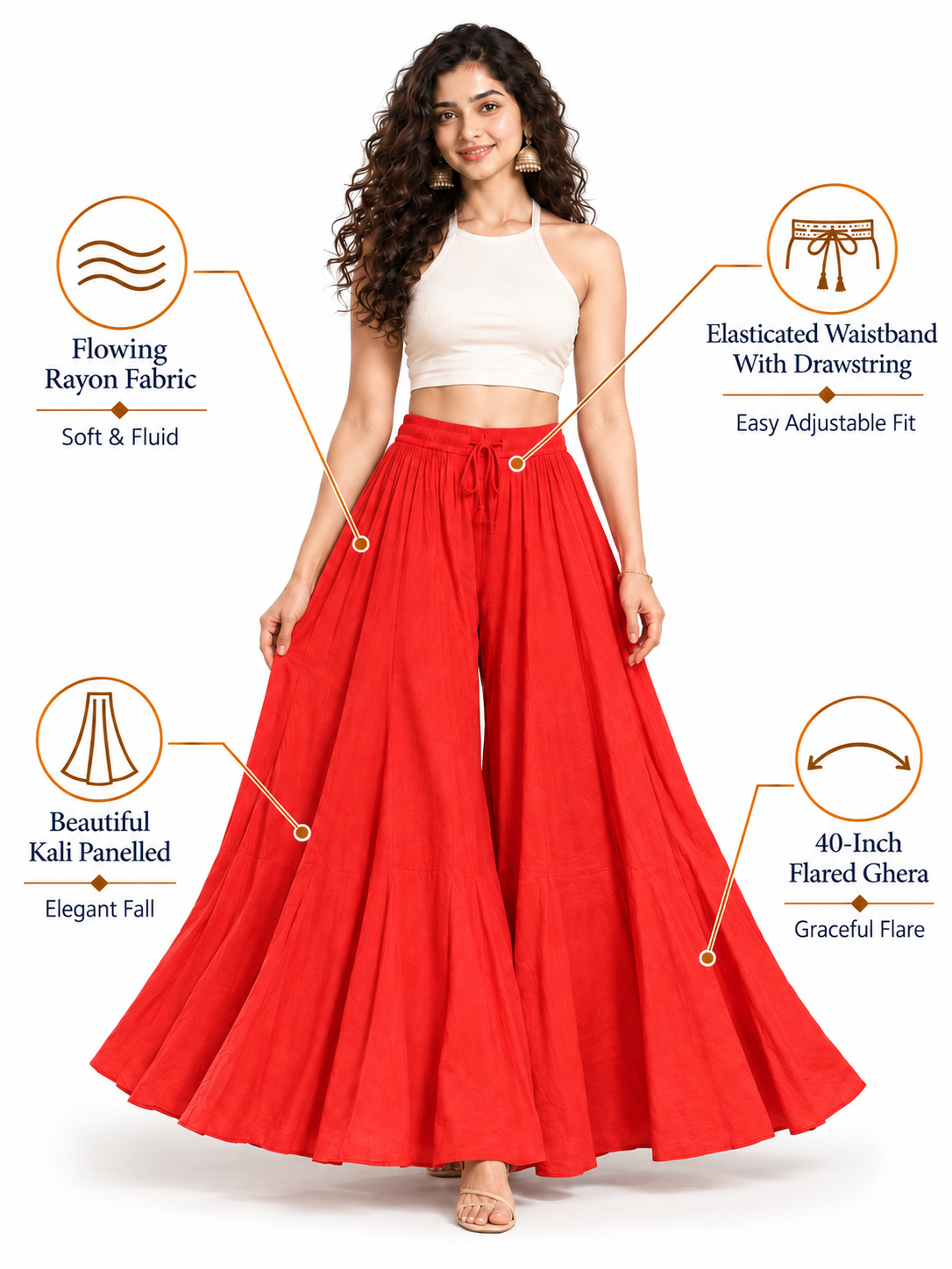 Red Rayon Wide Leg Flared Palazzo