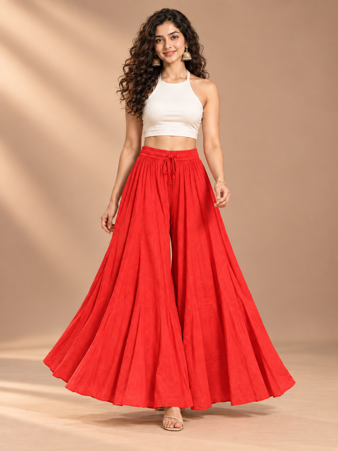 Red Rayon Wide Leg Flared Palazzo