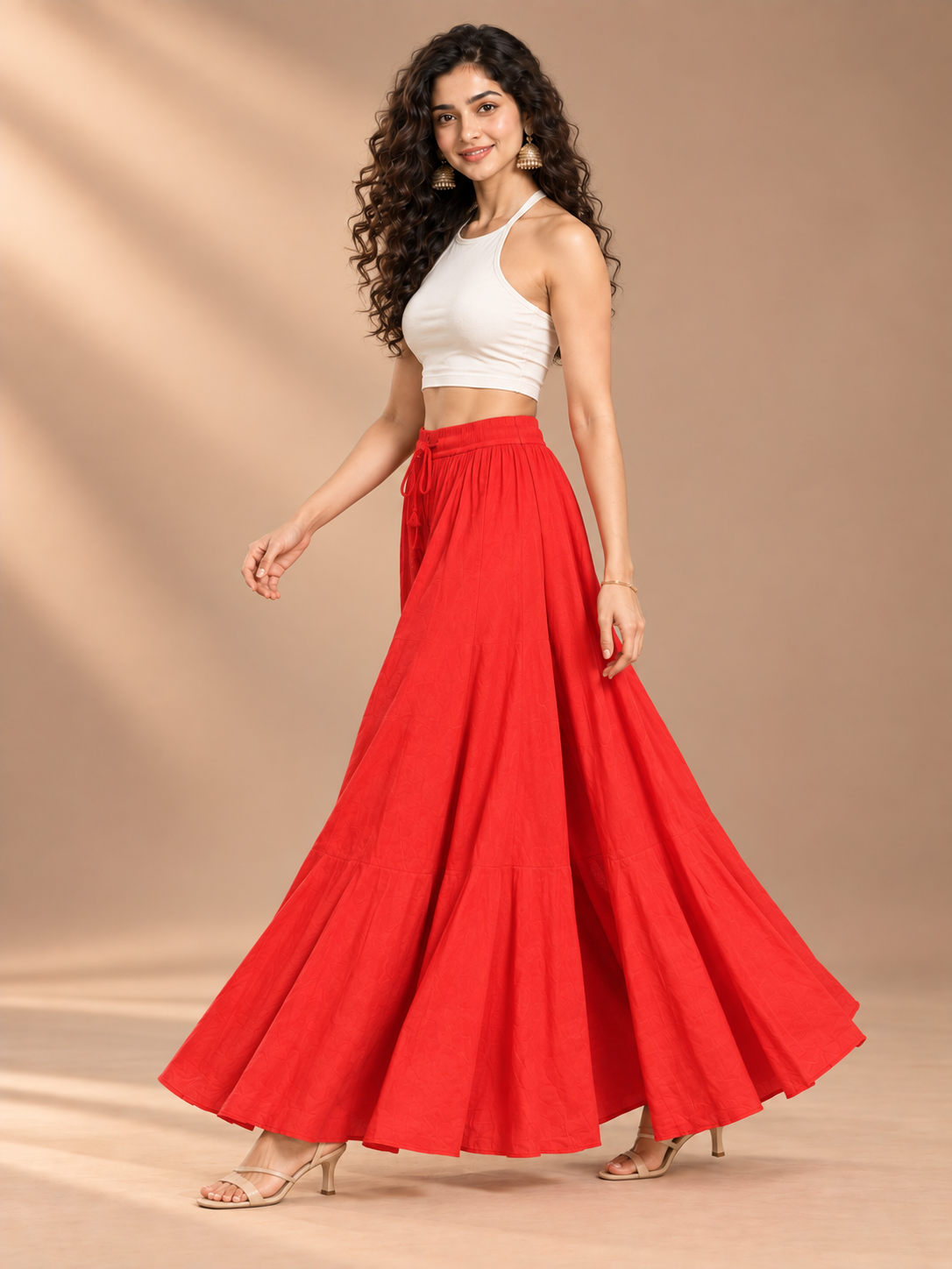 Red Rayon Wide Leg Flared Palazzo