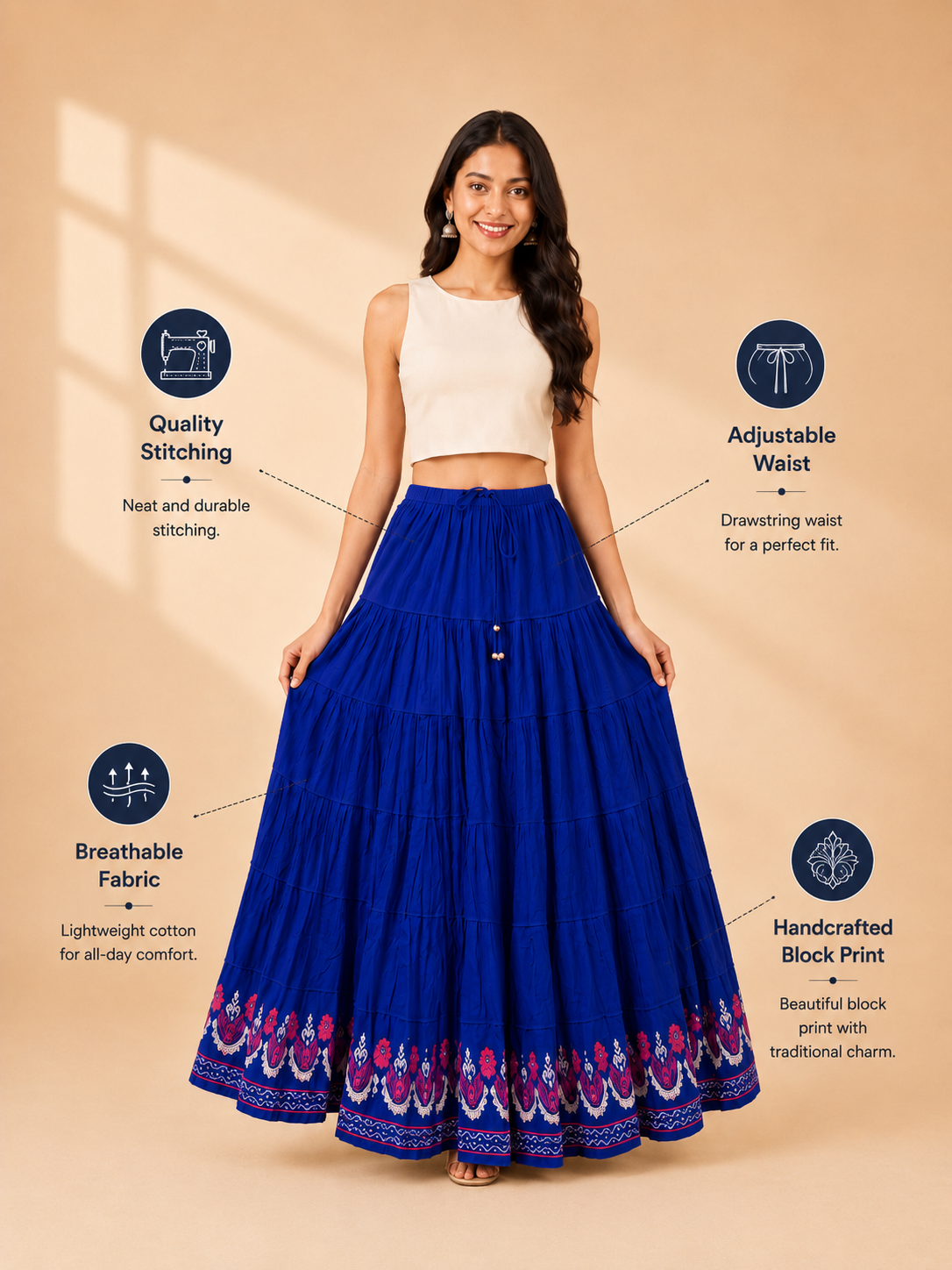 Royal Blue Block Print 20Mtr Cotton Skirt