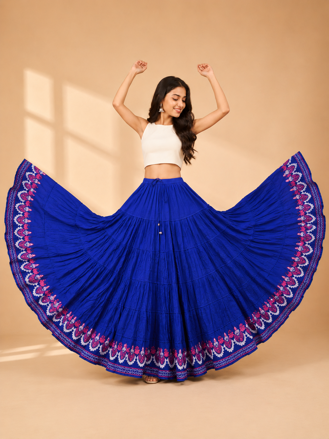 Royal Blue Block Print 20Mtr Cotton Skirt