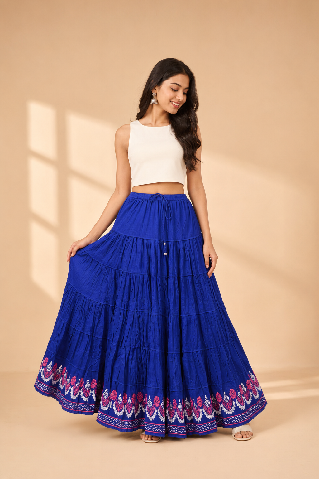 Royal Blue Block Print 20Mtr Cotton Skirt