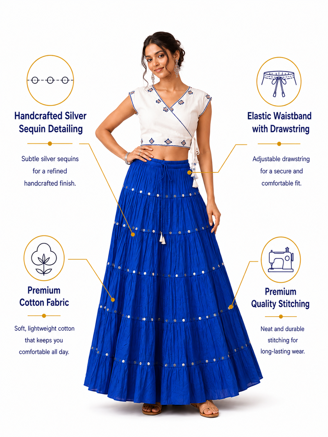 Royal Blue Cotton Solid Silver Sequin 10mtr Skirt