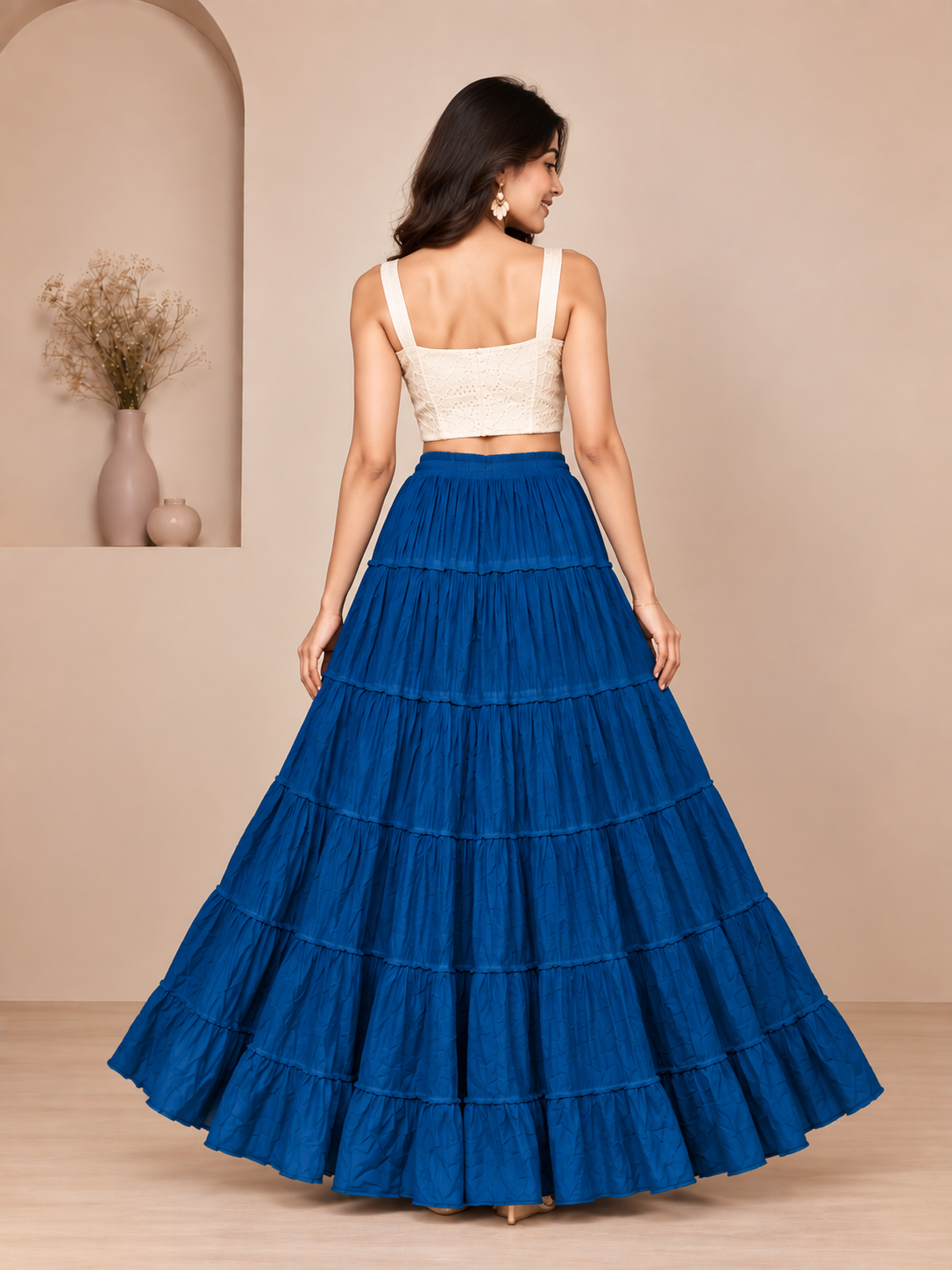 Royal Blue Cotton Solid Flared Skirt