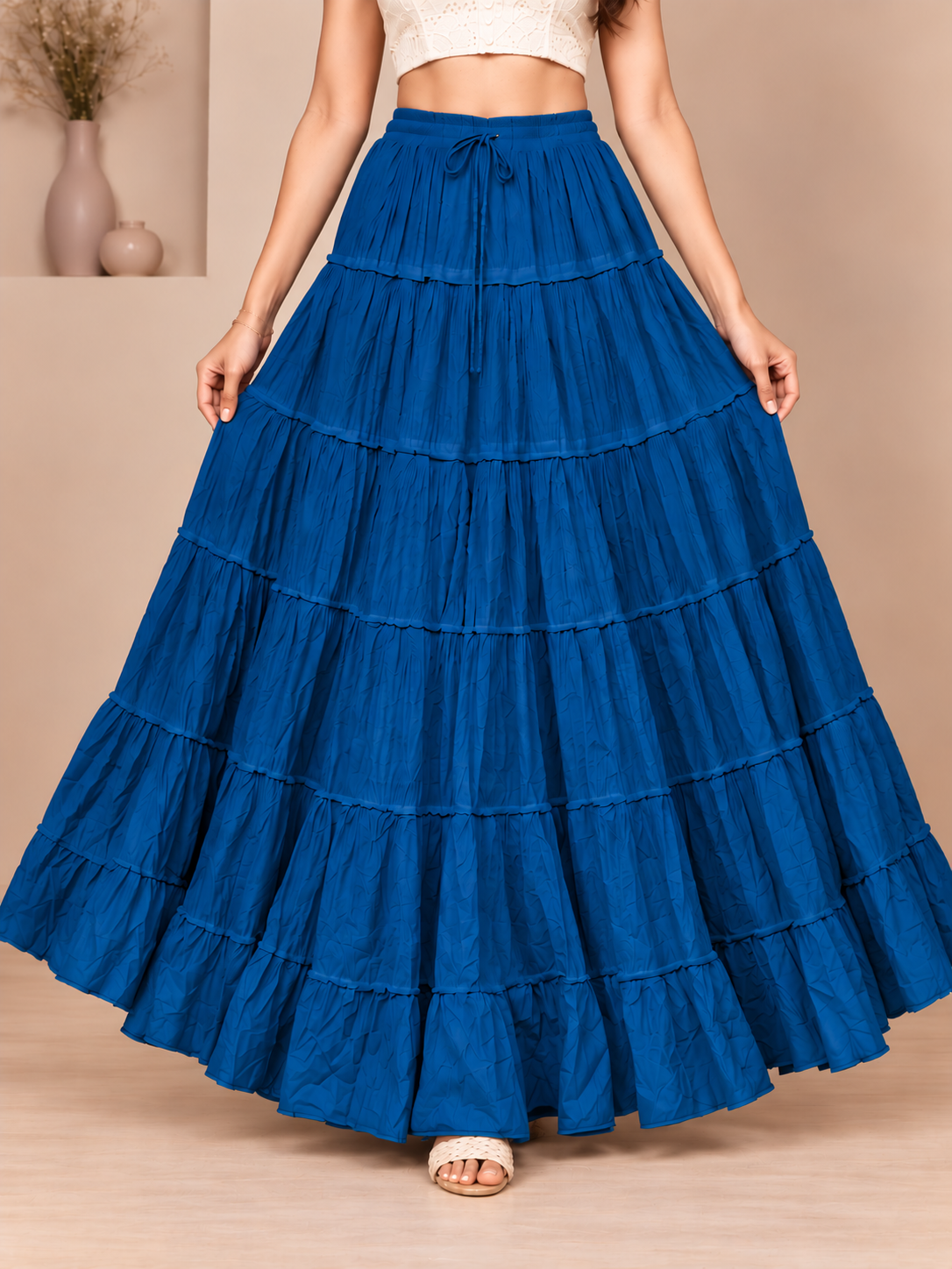 Royal Blue Cotton Solid Flared Skirt