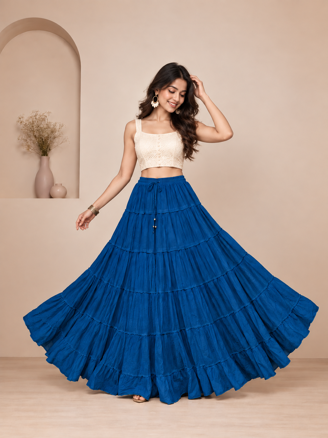 Royal Blue Cotton Solid Flared Skirt